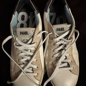 P448 Men's White and Tan Sneakers